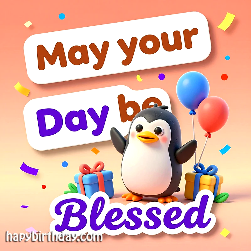A charming 3D cartoon penguin with rosy cheeks joyfully stands between two wrapped gifts and colorful balloons, amidst scattered confetti, wishing a blessed birthday.