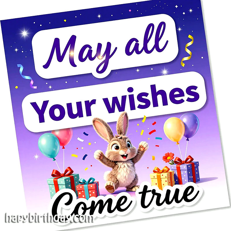 A joyful cartoon rabbit with outstretched paws, surrounded by colorful balloons, sparkling gifts, and falling confetti on a vibrant purple birthday card, conveying a heartfelt wish.