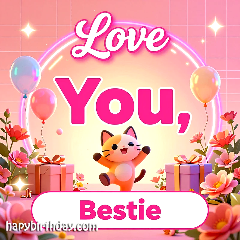 A vibrant pink birthday card featuring a cute cartoon calico cat, surrounded by balloons, pink and purple gift boxes, and delicate flowers, wishing 'Love You, Bestie' with neon glow.