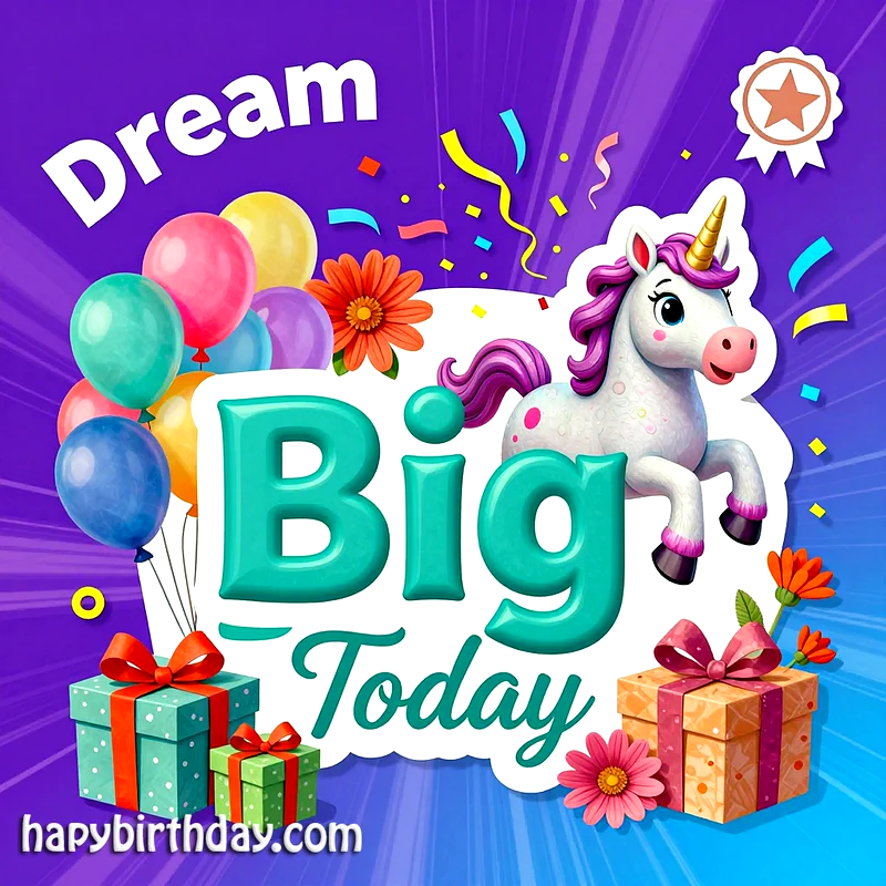 Vibrant birthday card featuring a happy unicorn, colorful balloons, and festive gifts, surrounded by confetti and flowers. Text reads 'Dream Big Today'.