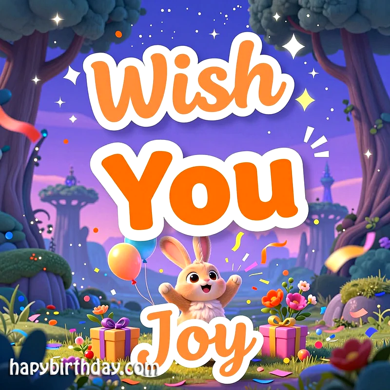 A charming cartoon bunny joyfully stands amidst colorful confetti, balloons, and wrapped gifts in an enchanted forest, with the heartfelt greeting 'Wish You Joy' emblazoned above.