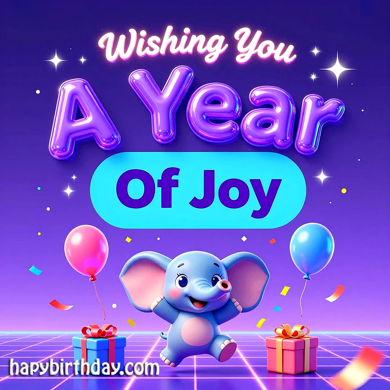 A joyful 3D animated blue baby elephant celebrating with pink and blue balloons, two wrapped gifts, and sparkling confetti on a vibrant purple background, wishing 'A Year of Joy'.