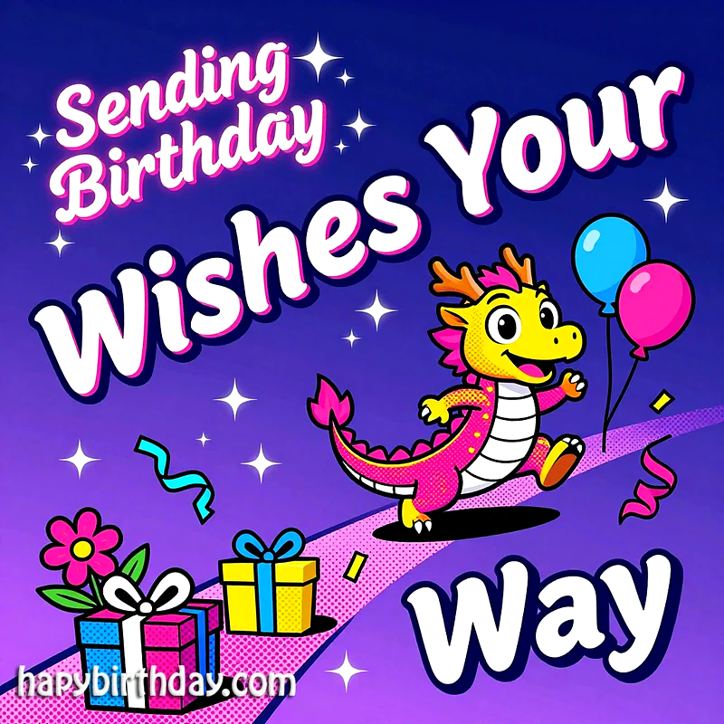 A cheerful pink and yellow dragon with balloons, gifts, flowers, and stars on a purple background, delivering birthday wishes in a lively, colorful design.