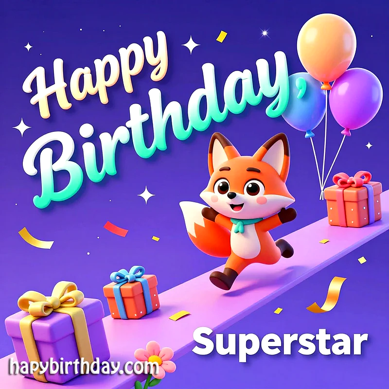 Cute fox holding balloons near presents on a purple background, festive birthday scene.
