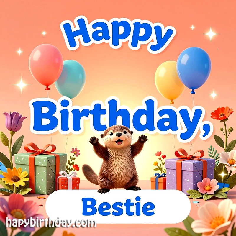 sweet otter with birthday cake, colorful balloons, gifts, flowers, festive atmosphere