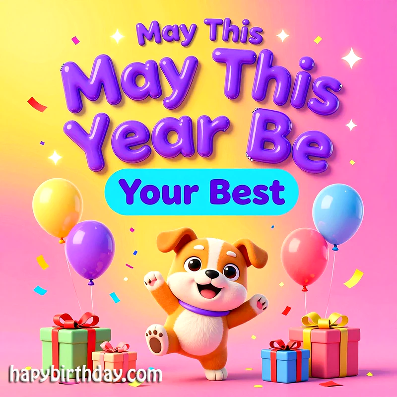 A vibrant digital birthday card featuring an excited, happy cartoon puppy among colorful balloons and neatly wrapped gift boxes, all set against a cheerful pink and yellow gradient, wishing a wonderful year.