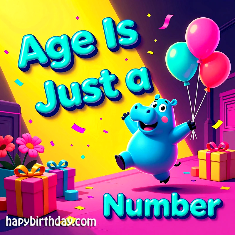 A cheerful blue hippo mascot joyfully leaps amidst pink and turquoise balloons, colorful gifts, and scattered confetti, proclaiming "Age Is Just a Number" on a vibrant yellow and magenta birthday card.