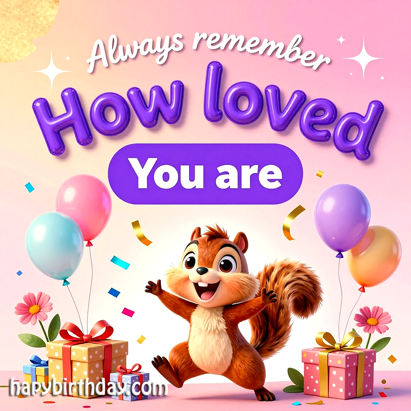 A cheerful cartoon chipmunk with outstretched arms amidst colorful balloons, confetti, and festive gift boxes. The text reads, "Always remember How loved You are," conveying a loving birthday wish.