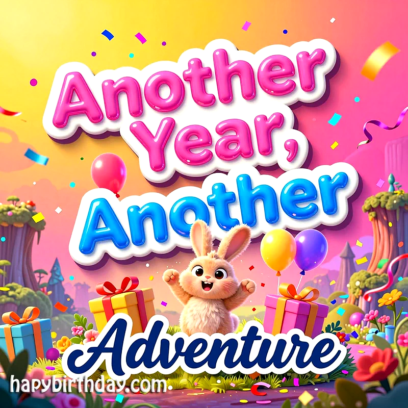 Joyful animated bunny with arms wide, surrounded by colorful balloons, wrapped gifts, and falling confetti in a whimsical birthday celebration scene. The vibrant image wishes 'Another Year, Another Adventure'.