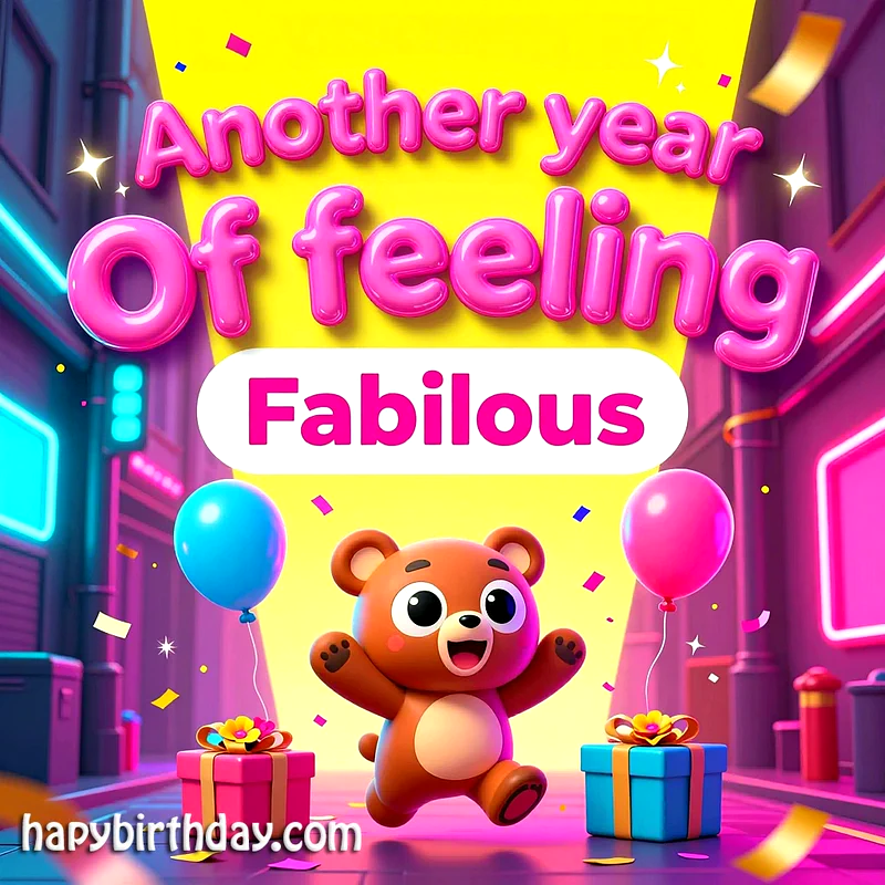 A vibrant digital illustration shows a joyful brown cartoon bear celebrating its birthday amidst falling confetti, neon pink and blue gifts, and colorful balloons, wishing 'Another year Of feeling Fabilous'.