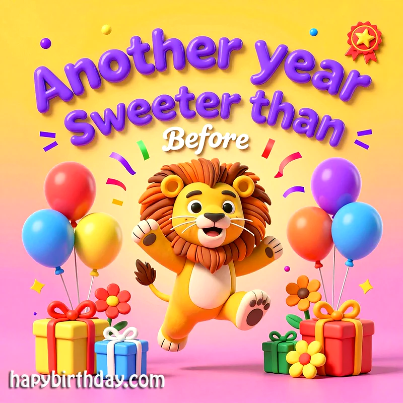 A joyful 3D lion jumps amidst vibrant balloons and colorful gifts on a cheerful yellow-pink background. Confetti falls, highlighting the sweet message: 'Another year sweeter than Before' in playful purple letters.