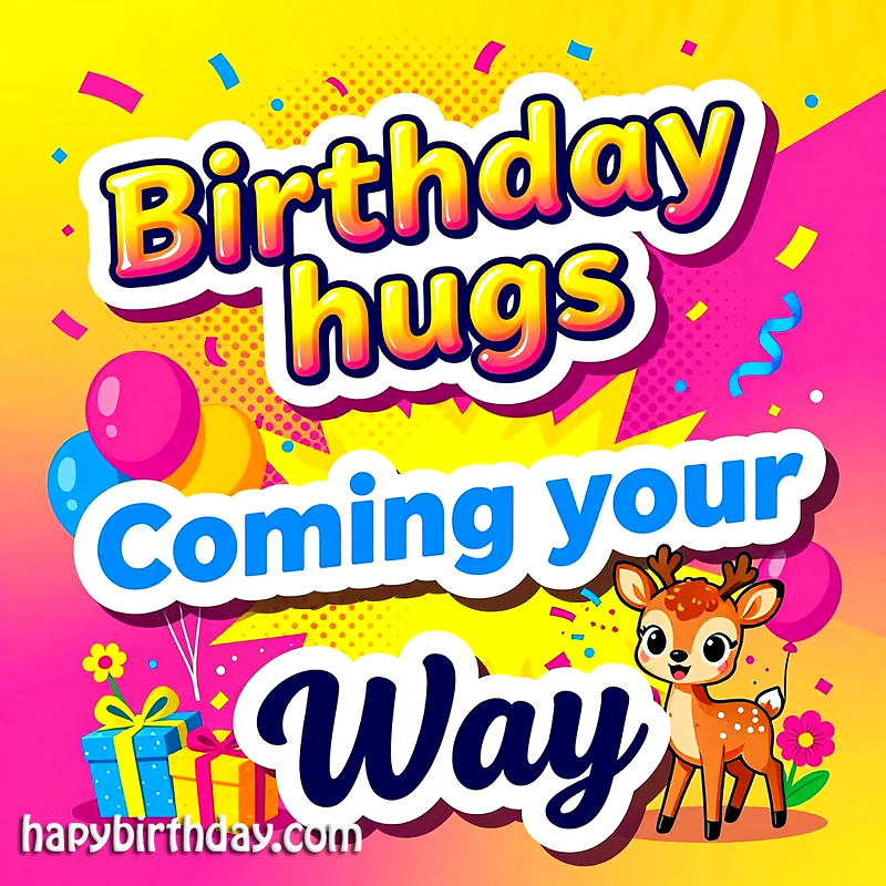 A vibrant, joyful birthday card featuring a cute fawn, colorful balloons, and festive confetti, with "Birthday hugs Coming your Way!" in bold, playful lettering.