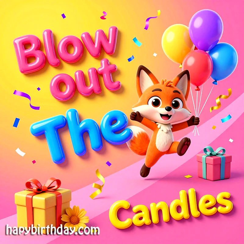 A cheerful cartoon fox jumps with balloons on a bright yellow and pink gradient background. Two gift boxes, colorful confetti, and glossy text saying "Blow out The Candles" complete the festive birthday scene.