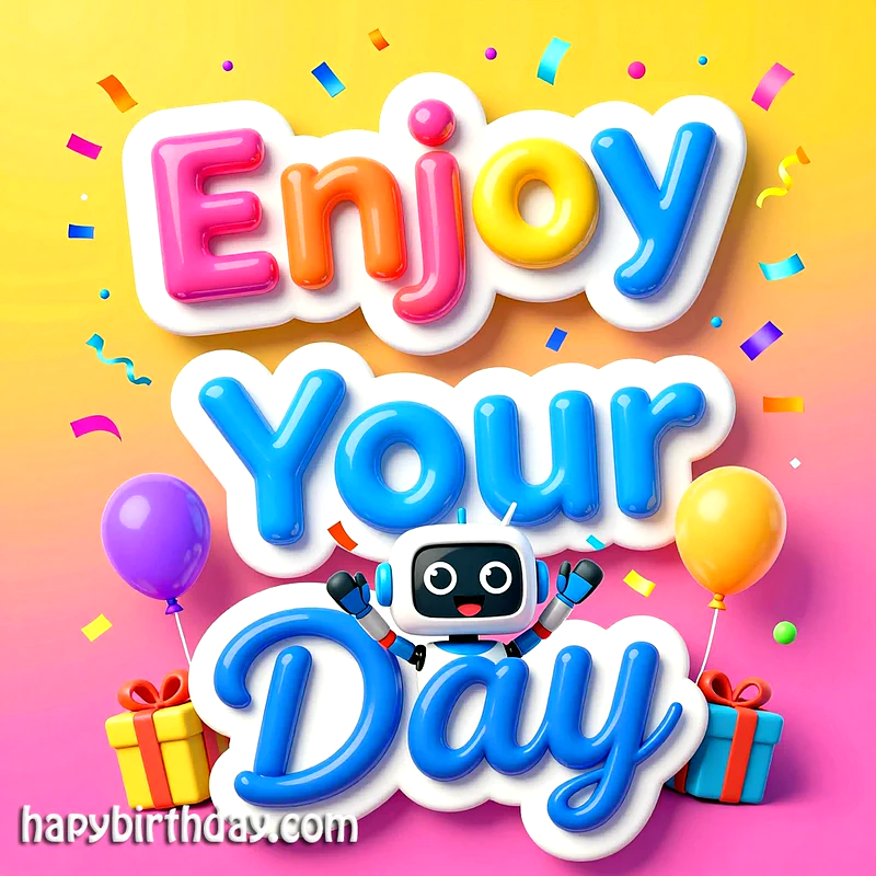 A cheerful birthday card featuring a happy little robot amidst colorful 3D bubble letters spelling 'Enjoy Your Day', surrounded by balloons, gifts, and confetti.