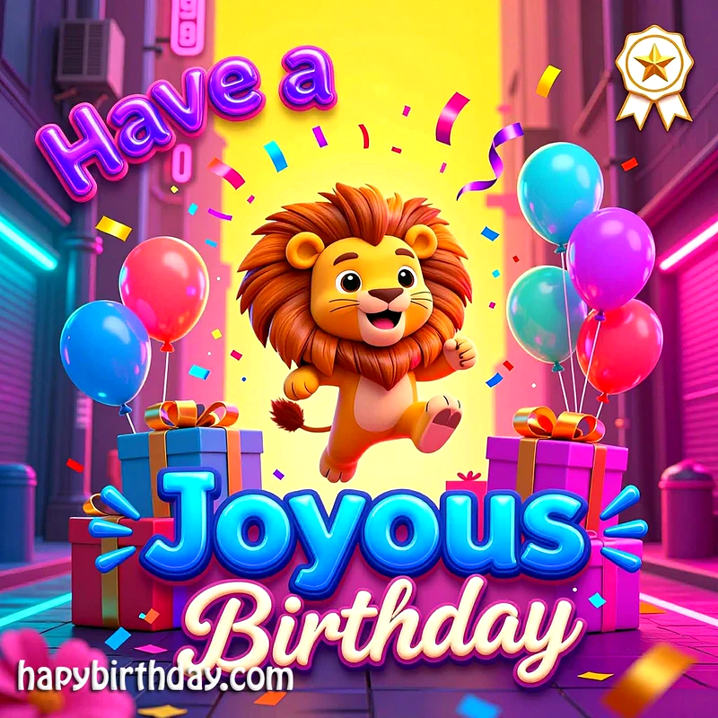 A vibrant birthday card features a cheerful cartoon lion leaping amidst colorful balloons, wrapped presents, and shimmering confetti. The scene exudes pure joy and celebration for a special day.