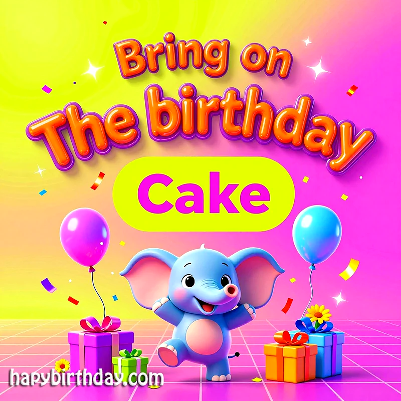 A joyful blue baby elephant dances on a vibrant pink and yellow backdrop, surrounded by colorful birthday gifts, floating balloons, and sparkling confetti, creating a festive mood.