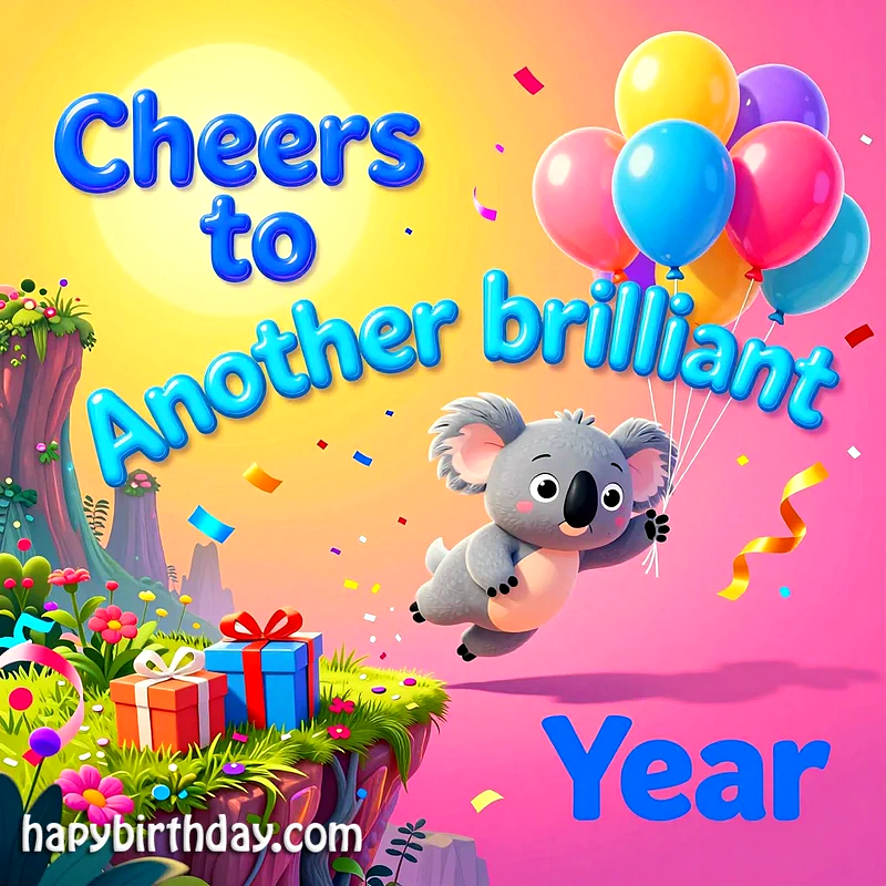 sweet koala holding balloons near colorful gifts, festive atmosphere, vibrant colors