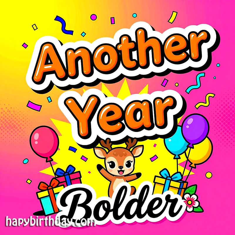 A vibrant birthday greeting features a cute cartoon deer happily celebrating with colorful balloons and wrapped gifts. The text "Another Year Bolder" pops against a cheerful pink and yellow background, surrounded by confetti.