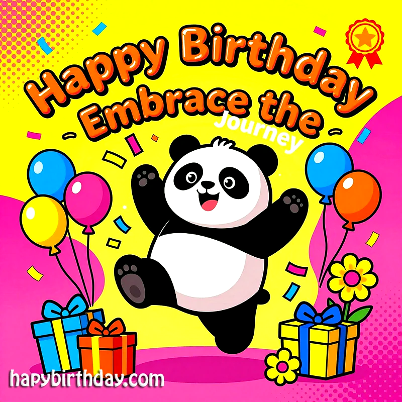 A cheerful panda dances amidst balloons, gifts, and flowers against a vibrant yellow and pink background.