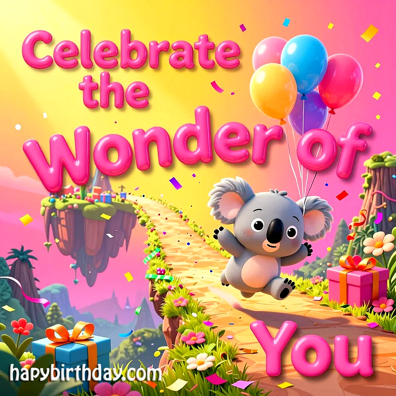 A cheerful koala floats, holding colorful balloons in a whimsical birthday scene. Pink and blue gifts sit among vibrant flowers and confetti, against a bright yellow and pink sky.