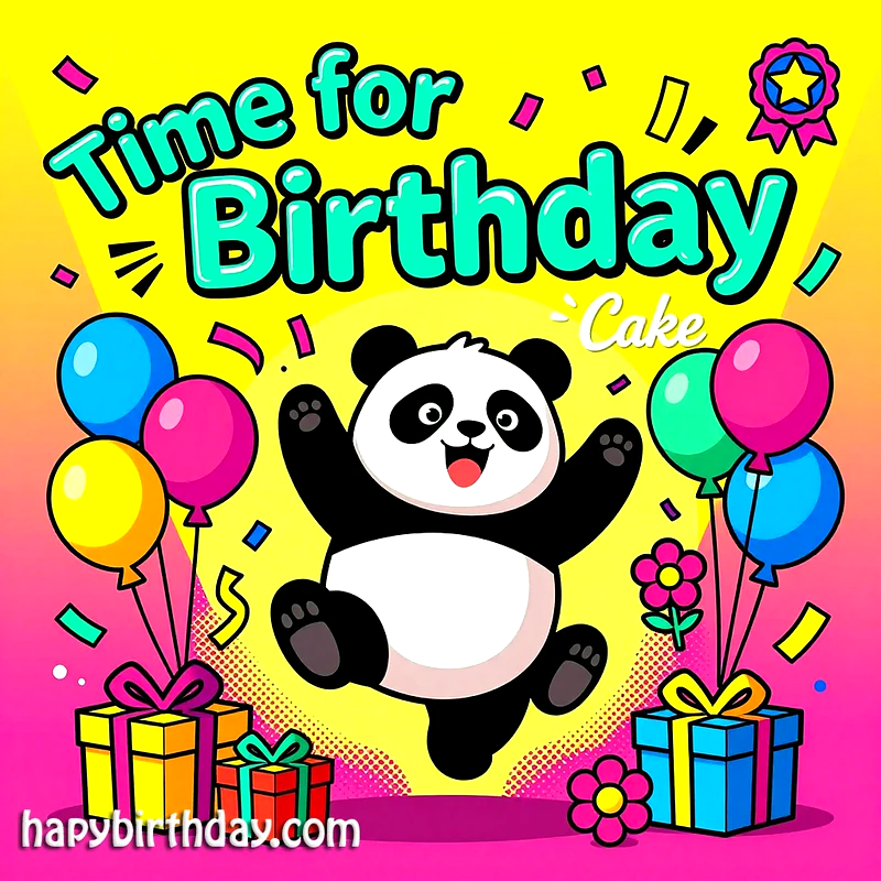 A cheerful cartoon panda jumps excitedly on a vibrant pink and yellow background, surrounded by colorful balloons, confetti, and stacks of festive birthday gifts. It's time for celebration.