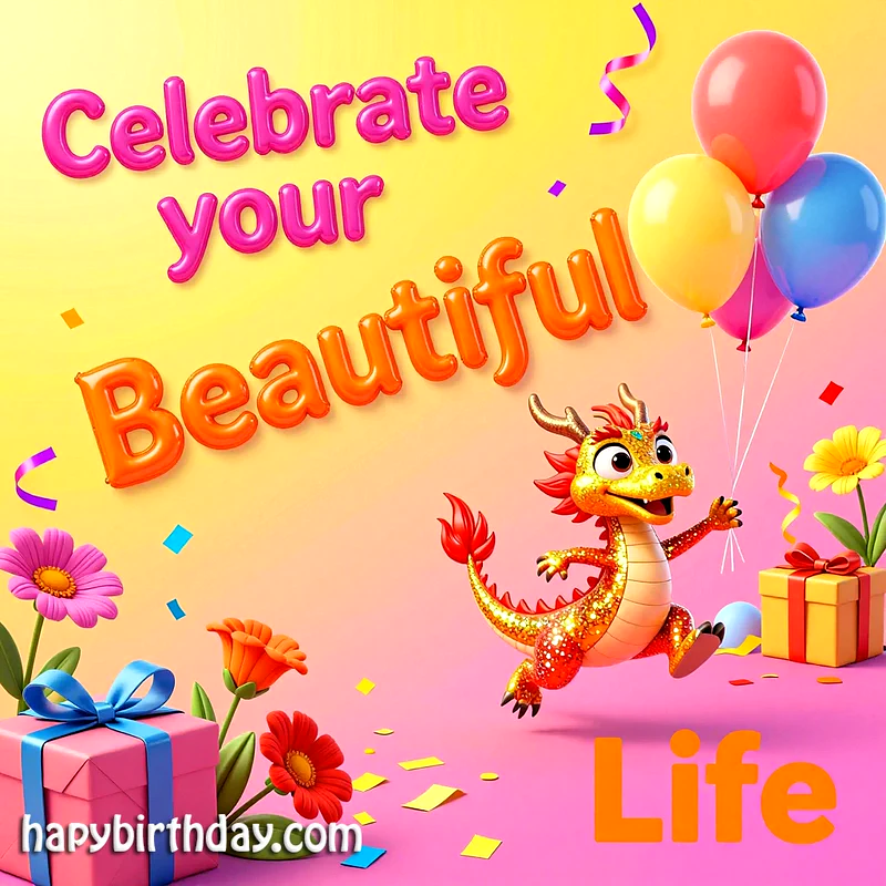 A cheerful golden dragon leaps with colorful balloons on a vibrant birthday card. Festive confetti, pink and yellow gift boxes, and bright flowers surround the heartfelt wish: 'Celebrate your Beautiful Life!'