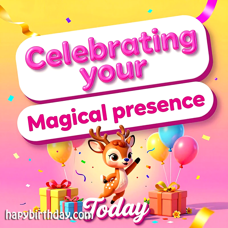 A cheerful 3D cartoon deer waves next to colorful balloons and wrapped gifts against a pink and yellow background with birthday text celebrating a magical presence today.
