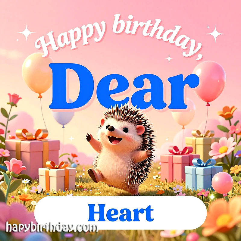 A cheerful hedgehog celebrates a birthday amidst colorful balloons, gifts, and flowers under a pink sky.