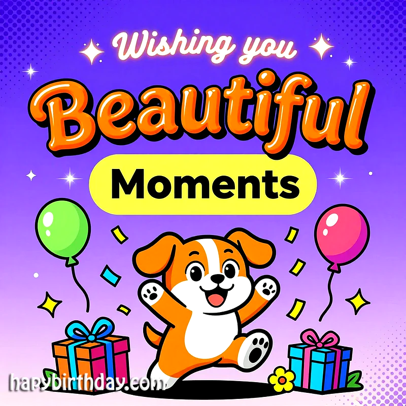 Joyful orange and white puppy jumps amidst colorful balloons, wrapped gifts, and confetti on a vibrant purple backdrop. Features the sweet wish: 'Wishing you Beautiful Moments'.