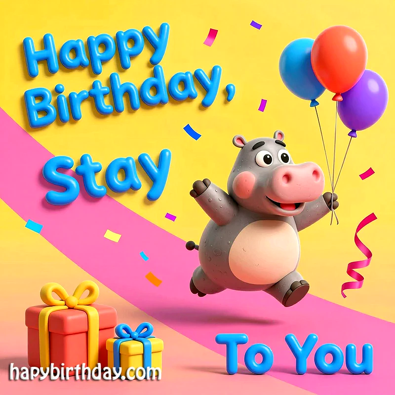 A joyful hippo holding balloons, surrounded by colorful confetti, gifts, and a festive yellow and pink background.
