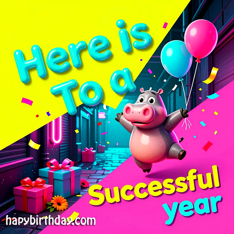 A vibrant birthday greeting card featuring a cheerful pink hippo holding balloons, surrounded by colorful confetti and beautifully wrapped gifts, all set against a bright yellow and hot pink diagonal backdrop with a neon city street.