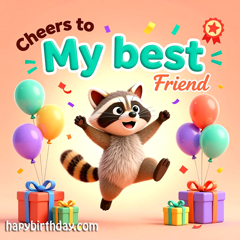 A delightful birthday card featuring a joyous cartoon raccoon mid-jump amidst colorful balloons and wrapped gifts, with confetti falling, expressing 'Cheers to My best Friend' on a warm peach background.