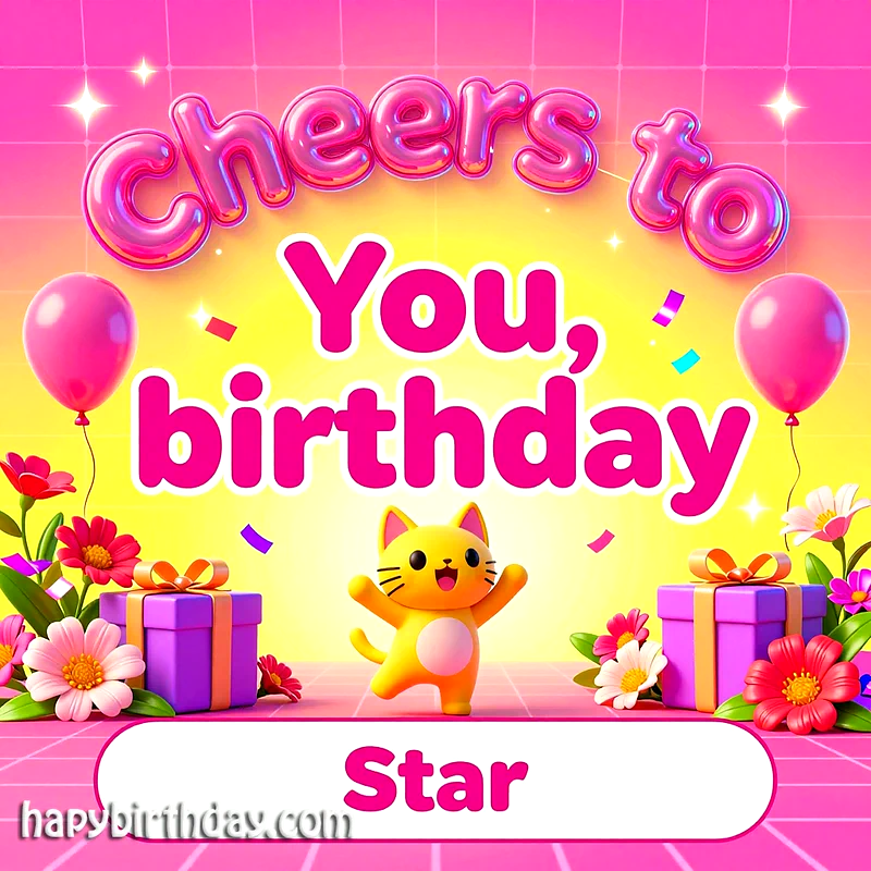 A vibrant birthday greeting featuring a happy yellow cat character, two pink balloons, two purple gift boxes, and colorful flowers, all against a bright pink and yellow gradient background.