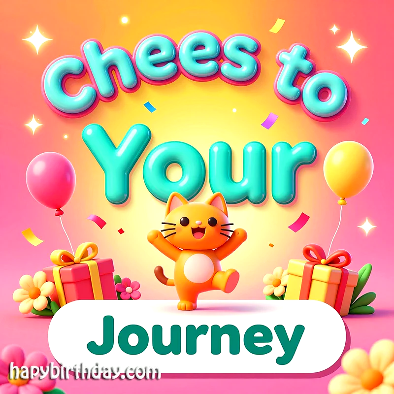 A vibrant birthday card featuring an adorable orange cat celebrating amidst balloons, sparkling gifts, and blooming flowers on a cheerful pink and yellow background. The text reads 'Cheers to Your Journey'.