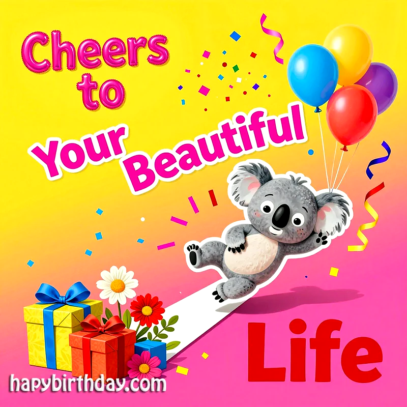 A cheerful birthday card featuring a cute koala holding colorful balloons, surrounded by festive confetti, streamers, and vibrant gift boxes with flowers, all on a bright gradient background wishing 'Cheers to Your Beautiful Life'.