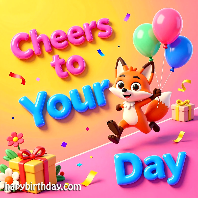 A cheerful cartoon fox carries colorful balloons on a vibrant yellow and pink background, surrounded by scattered confetti and wrapped presents. It's a joyful birthday greeting.