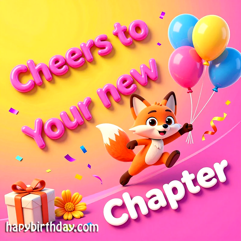 A joyful cartoon fox runs across a vibrant yellow and pink background, holding colorful balloons. A neatly wrapped gift box and a yellow flower are in the corner, amidst celebratory confetti. Text reads: Cheers to your new Chapter.