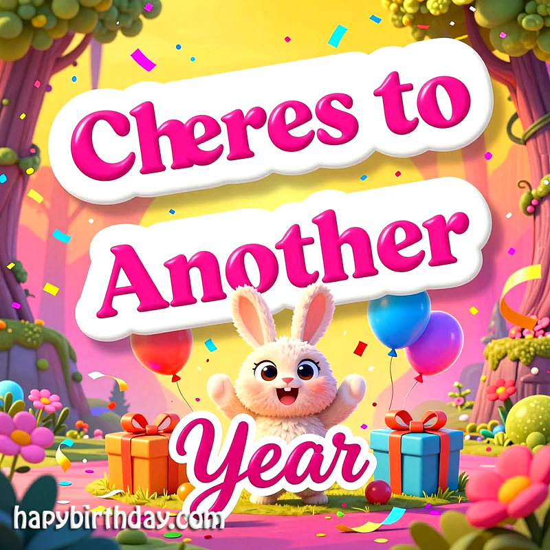 A fluffy white bunny with open arms stands between colorful birthday gifts and balloons, surrounded by confetti in a whimsical forest, wishing 'Cheres to Another Year' on a vibrant greeting card.