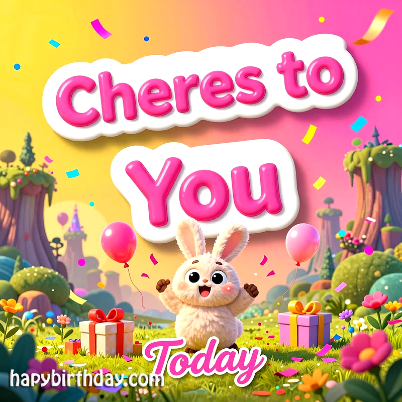 A joyous birthday card with a fluffy white bunny celebrating, surrounded by pink balloons, wrapped gifts, and falling confetti. The vibrant, whimsical landscape features colorful flowers and trees, creating a perfectly cheerful scene.