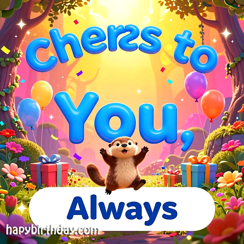 A cheerful cartoon otter with open arms smiles amidst a vibrant, magical birthday forest scene with colorful balloons, confetti, and gift boxes, conveying heartfelt celebration.