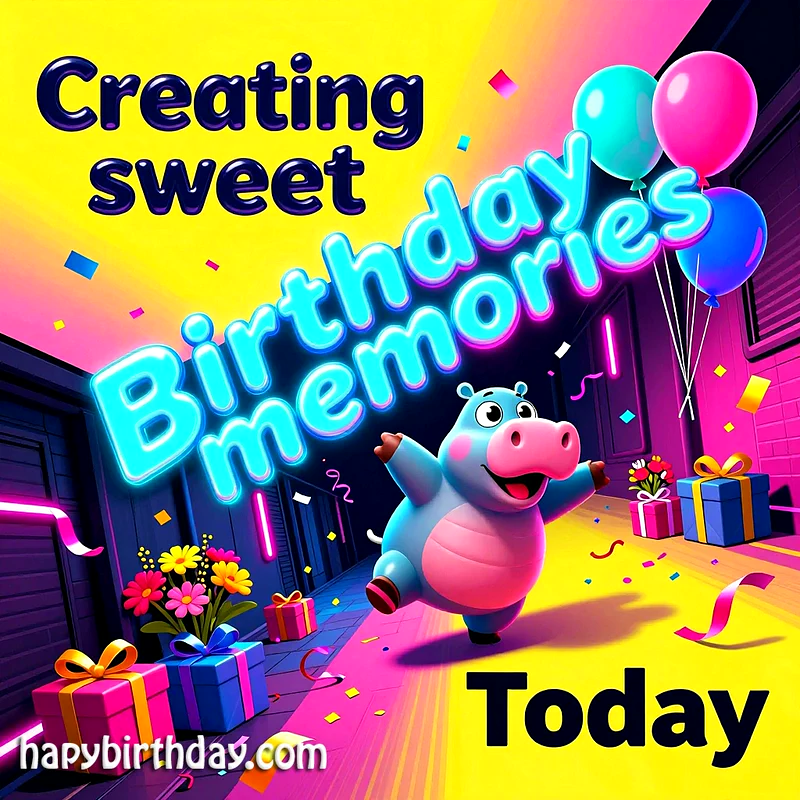 A vibrant, neon-lit birthday card features a joyful blue hippo dancing amidst colorful confetti, balloons, and neatly wrapped gift boxes, creating a festive party atmosphere.