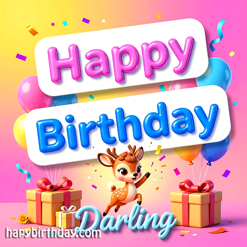Cute Deer Birthday Card: Happy Birthday Darling Greeting with Gifts and Balloons