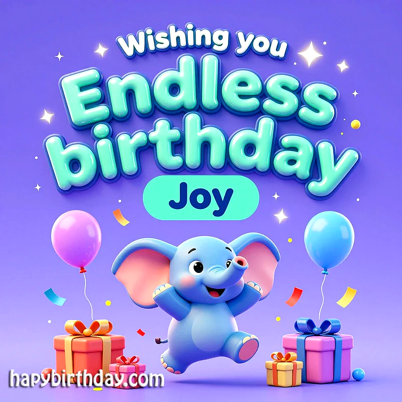 A cute blue elephant jumping happily surrounded by colorful gift boxes, balloons, and confetti against a purple background with the text Wishing you Endless birthday Joy.