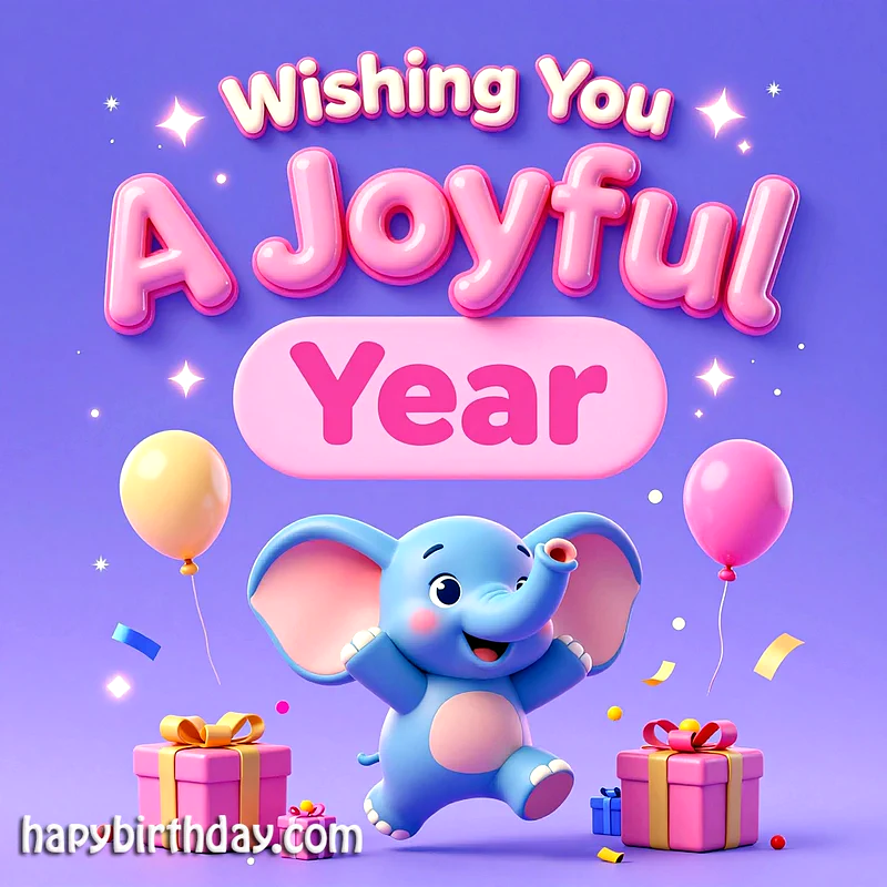 Happy blue cartoon elephant jumping near pink gift boxes and balloons against a purple background with text reading "Wishing You A Joyful Year" and golden confetti floating around.