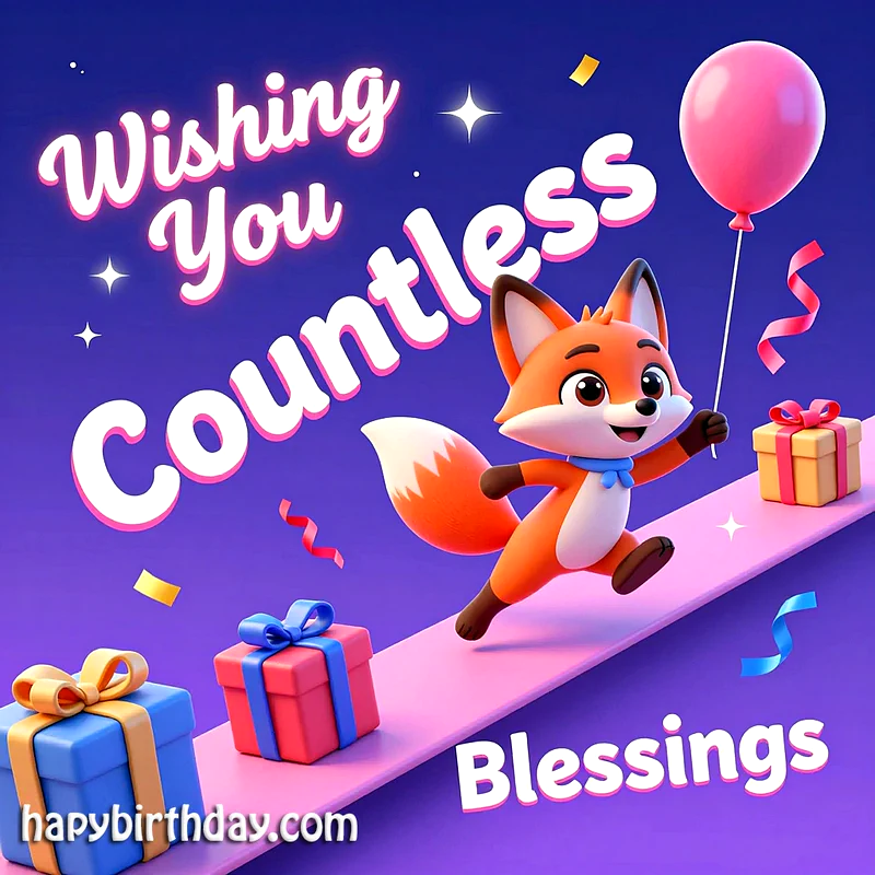 Cheerful animated fox running alongside a painted rosy pathway holding a pink balloon against a deep purple sparkly sky while surrounded by brightly wrapped present boxes.