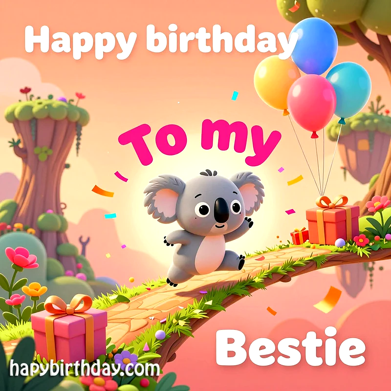 sweet koala holding balloons near gifts on a festive path with flowers and trees