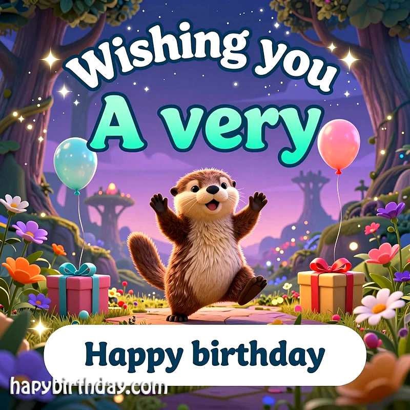 A cheerful cartoon otter with outstretched paws stands among gifts and balloons. Twinkling lights illuminate a vibrant, dreamy forest setting, conveying warm birthday wishes.