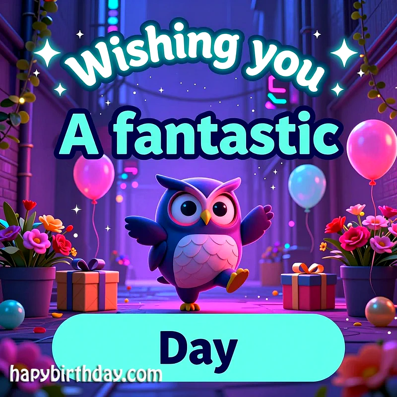 A cheerful blue 3D owl standing in a festive alley with pink balloons, gift boxes, and colorful flowers, accompanied by the text Wishing you A fantastic Day in glowing letters.