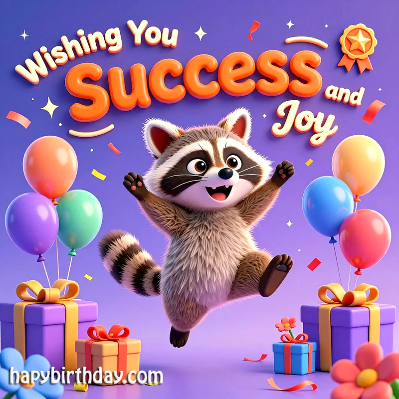 Cute Raccoon Birthday Card: Wishing You Success and Joy - Embrace a Heartfelt Wish