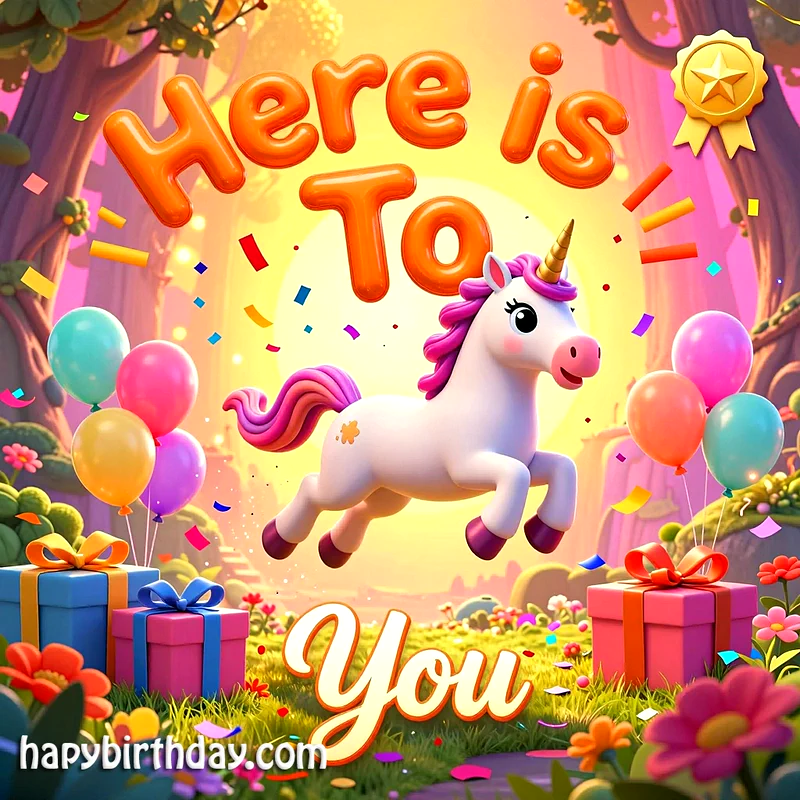 A 3D white unicorn with a pink mane jumping joyfully in a sunny meadow filled with colorful balloons, wrapped gift boxes, and falling confetti.